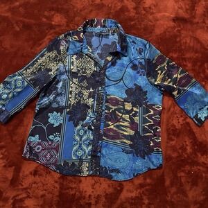 Susan Graver Women's XL 3/4 Sleeve Blue‎ Floral Button Up Blouse Satin Soft
